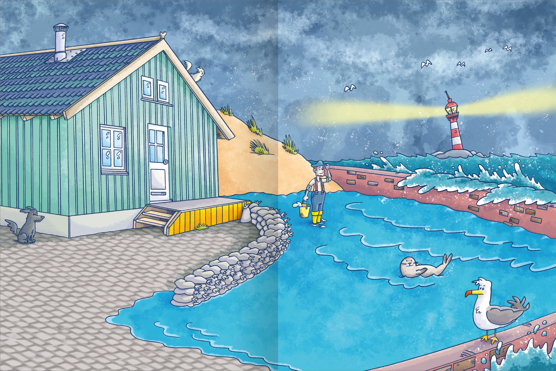 Gezeigt wird eine Innen- oder Zusatzansicht von „Das Metallic-Stickerbuch – Feuerwehr“. Die Illustration zeigt ein maritimes Szenario mit einem grünen Holzhaus, das auf einer Steinplatte steht. Ein lebhaft blauer Wasserbereich wird von Wellen und einem Leuchtturm umrahmt. Farbige Figuren und Tiere, darunter eine Möwe und eine Robbe, sind in der Szenerie integriert. Die verwendetet Typografie ist verspielt und kindgerecht, wobei gelegentlich metallische Akzente Verwendung finden.