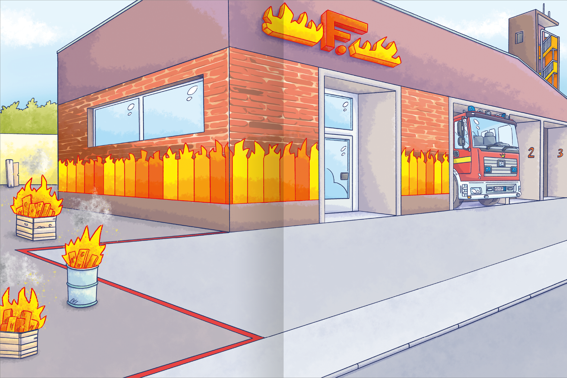 Gezeigt wird eine Innen- oder Zusatzansicht von „Das Metallic-Stickerbuch – Feuerwehr“. Die Illustration zeigt ein Feuerwehrhaus mit einer markanten roten Backsteinfassade und großen Fenstern. Vor dem Gebäude sind mehrere brennende Holzboxen abgebildet, die in leuchtenden Gelbtönen die Flammen darstellen. Ein Feuerwehrfahrzeug steht in der offenen Garagentür. Die klare, bunte Typografie der Schriftzüge unterstreicht das Feuerwehrthema.