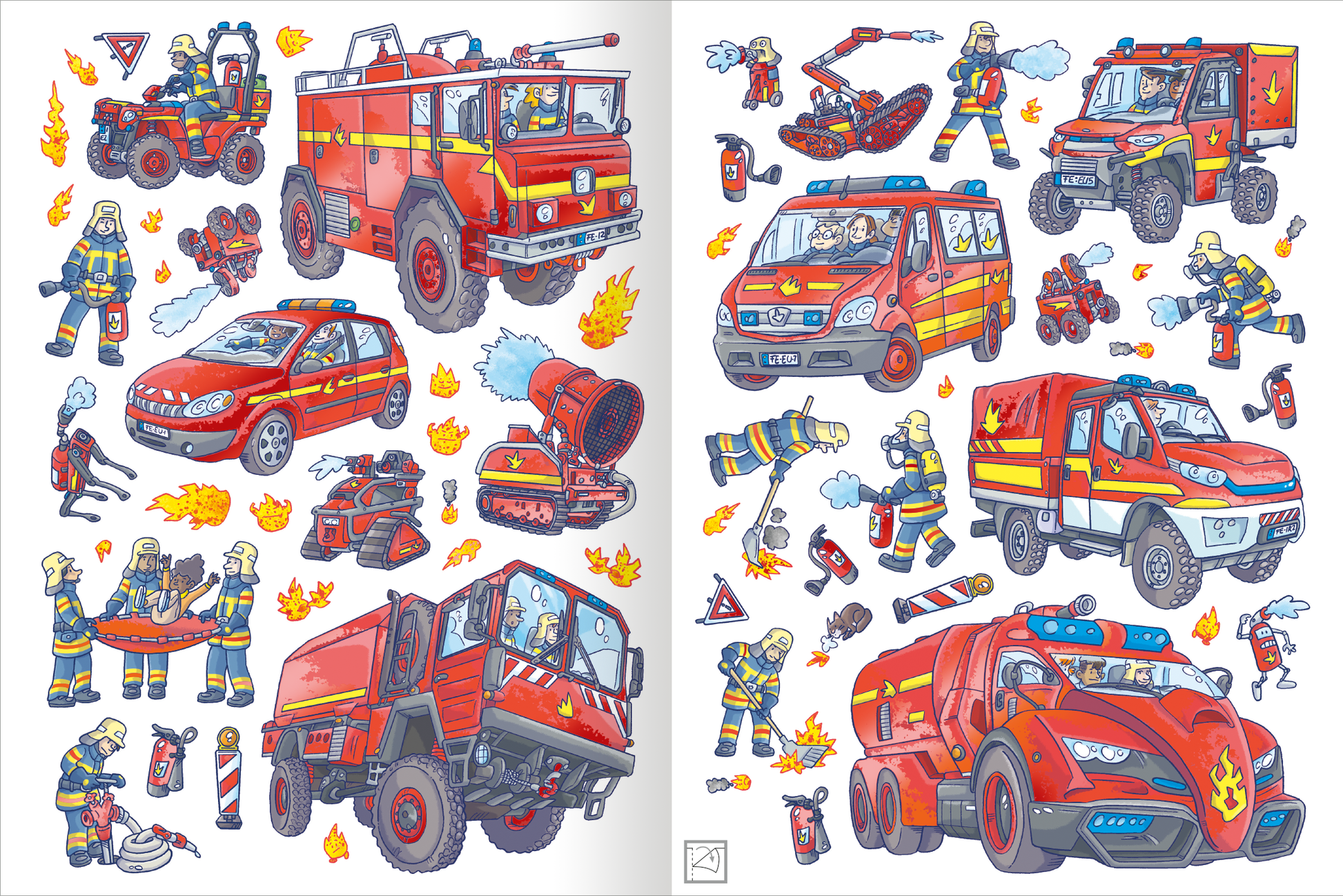 Gezeigt wird eine Innen- oder Zusatzansicht von „Das Metallic-Stickerbuch – Feuerwehr“. Die Illustration zeigt eine lebendige Sammlung von Feuerwehrfahrzeugen, darunter Löschwagen und Einsatzfahrzeuge in leuchtendem Rot und Blau. Feuerwehrleute in gelb-blauen Uniformen sind aktiv dargestellt, umgeben von Flammen und verschiedenen Einsatzgeräten. Die klare, comicartige Typografie hebt wichtige Symbole hervor, ergänzt durch dynamische Elemente, die Bewegung und Action vermitteln.
