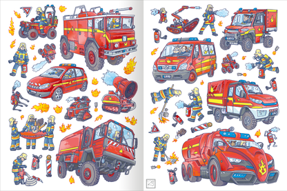 Gezeigt wird eine Innen- oder Zusatzansicht von „Das Metallic-Stickerbuch – Feuerwehr“. Die Illustration zeigt eine lebendige Sammlung von Feuerwehrfahrzeugen, darunter Löschwagen und Einsatzfahrzeuge in leuchtendem Rot und Blau. Feuerwehrleute in gelb-blauen Uniformen sind aktiv dargestellt, umgeben von Flammen und verschiedenen Einsatzgeräten. Die klare, comicartige Typografie hebt wichtige Symbole hervor, ergänzt durch dynamische Elemente, die Bewegung und Action vermitteln.