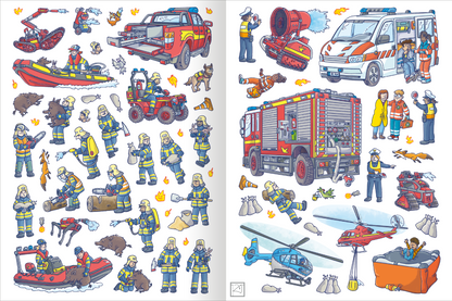 Gezeigt wird eine Innen- oder Zusatzansicht von „Das Metallic-Stickerbuch – Feuerwehr“. Die Illustration zeigt eine Vielzahl von Feuerwehrmotiven, darunter Einsatzfahrzeuge wie ein Feuerwehrwagen und ein Krankenwagen, sowie Feuerwehrleute in Aktion. Die Farben sind kräftig und abwechslungsreich, dominierend sind Rot, Blau und Gelb. Die Typografie ist klar und gut lesbar, ergänzt durch verschiedene Symbolik und actionreiche Szenen, die die Themen Feuerwehr und Rettung darstellen.