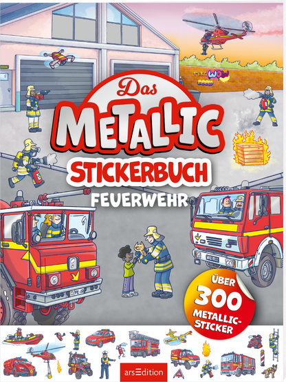 Auf dem Cover des Buches „Das METALLIC STICKERBUCH FEUERWEHR“ dominieren lebhafte Farben wie Rot und Gelb. In der Mitte steht der Titel in großen, auffälligen Buchstaben. Im Hintergrund sind Feuerwehrfahrzeuge, ein Hubschrauber und Feuerwehrleute abgebildet, die an verschiedenen Einsätzen teilnehmen. Kinder interagieren spielerisch mit den Szenen, während ein Feuer im Hintergrund lodert. Über dem Cover prangt ein runder Button mit dem Text „Über 300 METALLIC-STICKER“. Ganz unten...
