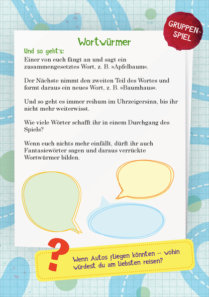 Gezeigt wird eine Innen- oder Zusatzansicht von „Abenteuer für unterwegs“. Das Layout enthält eine informative Spielanleitung in klarer, gut lesbarer Schrift. Der Hintergrund ist in sanften Farben wie Hellblau und Hellgrün gestaltet, ergänzt durch verspielte Textboxen in verschiedenen Farben. Ein rotes, rundes Emblem mit der Aufschrift „GRUPPEN-SPIEL“ hebt sich deutlich hervor. Grafische Elemente sorgen für eine ansprechende Optik, während die strukturierte Anordnung die...