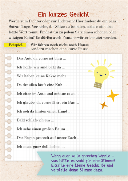Gezeigt wird eine Innen- oder Zusatzansicht von „Abenteuer für unterwegs“. Die Seite zeigt ein stilvolles, gebräuntes Papier mit einem handschriftlichen Layout. In der oberen linken Ecke befindet sich der Titel „Ein kurzes Gedicht“ in verspielter, bunter Typografie. Darunter stehen Zeilen mit Satzanfängen, die zum kreativen Schreiben anregen. Illustrierende Grafiken, wie ein lächelndes Sonnengesicht und funkelnde Sterne, verleihen dem Design eine fröhliche Atmosphäre.