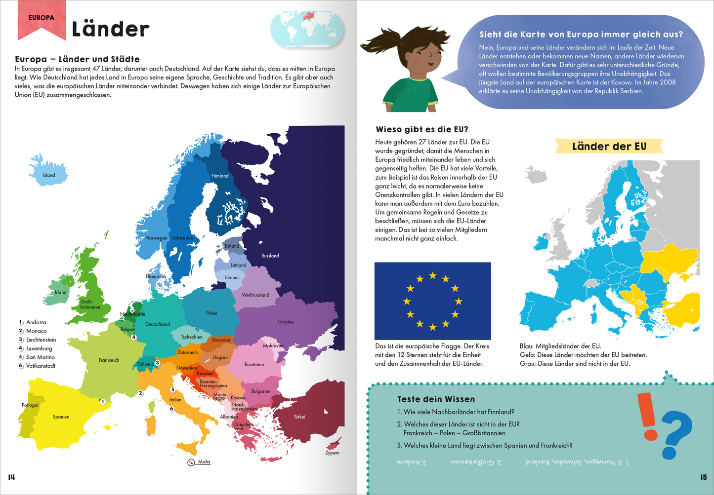 Gezeigt wird eine Innen- oder Zusatzansicht von „Mein erster Grundschul-Atlas“. Die linke Seite zeigt eine farbige Europakarte, die die Länder und Städte deutlich hervorhebt. Jedes Land ist in einer unterschiedlichen Farbe gestaltet, überwiegend in Pastelltönen, die eine klare Differenzierung ermöglichen. Rechts befindet sich ein erklärender Text mit der Überschrift „Länder der EU“ in großer, gut lesbarer Schrift. Unter der Überschrift sind Informationen zur EU sowie eine...