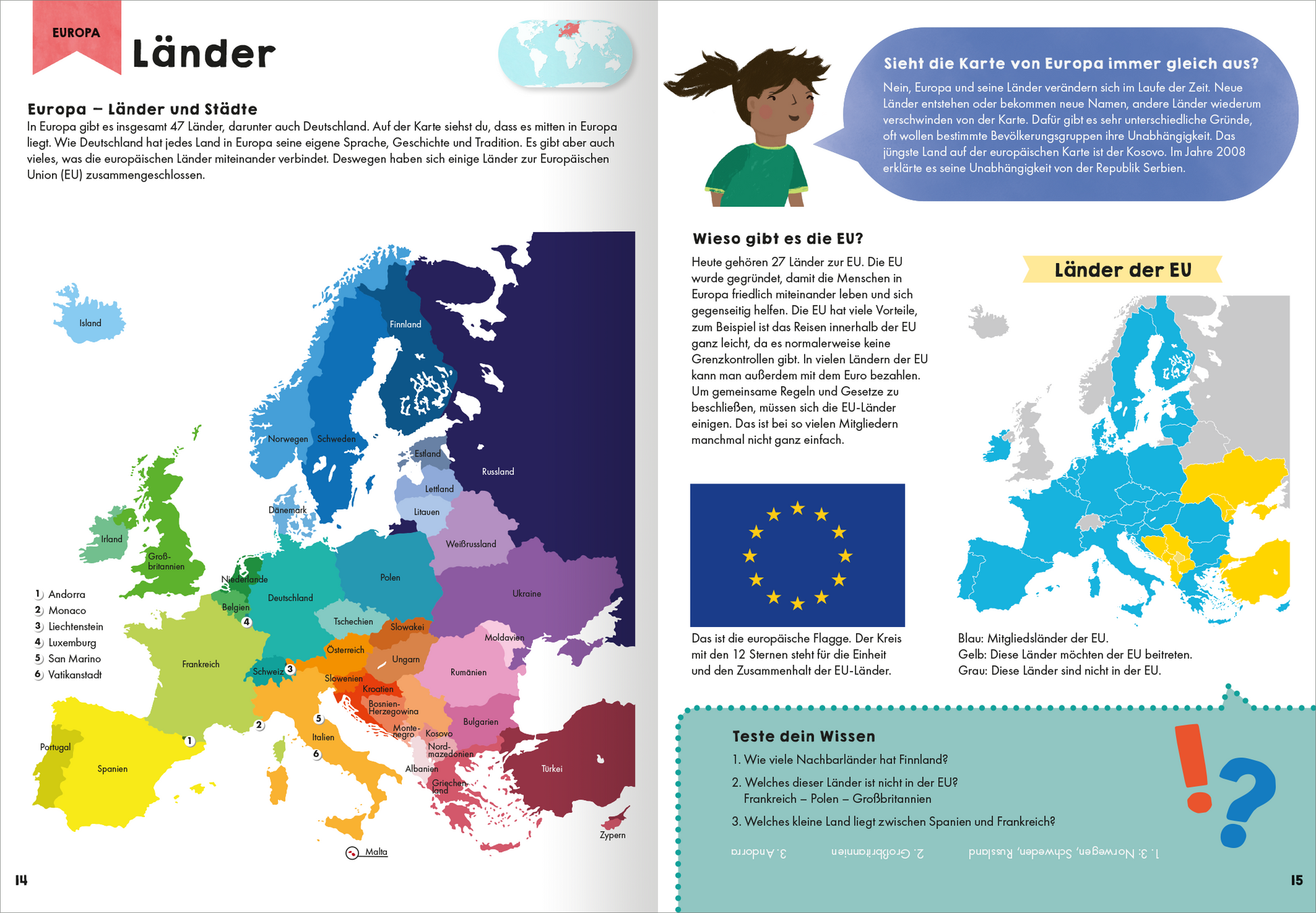 Gezeigt wird eine Innen- oder Zusatzansicht von „Mein erster Grundschul-Atlas“. Die linke Seite zeigt eine farbige Europakarte, die die Länder und Städte deutlich hervorhebt. Jedes Land ist in einer unterschiedlichen Farbe gestaltet, überwiegend in Pastelltönen, die eine klare Differenzierung ermöglichen. Rechts befindet sich ein erklärender Text mit der Überschrift „Länder der EU“ in großer, gut lesbarer Schrift. Unter der Überschrift sind Informationen zur EU sowie eine...