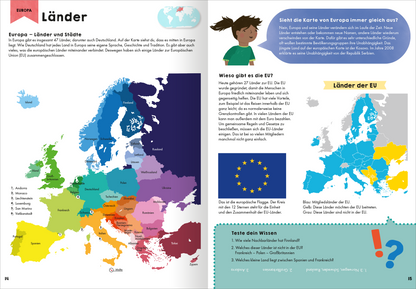 Gezeigt wird eine Innen- oder Zusatzansicht von „Mein erster Grundschul-Atlas“. Die linke Seite zeigt eine farbige Europakarte, die die Länder und Städte deutlich hervorhebt. Jedes Land ist in einer unterschiedlichen Farbe gestaltet, überwiegend in Pastelltönen, die eine klare Differenzierung ermöglichen. Rechts befindet sich ein erklärender Text mit der Überschrift „Länder der EU“ in großer, gut lesbarer Schrift. Unter der Überschrift sind Informationen zur EU sowie eine...