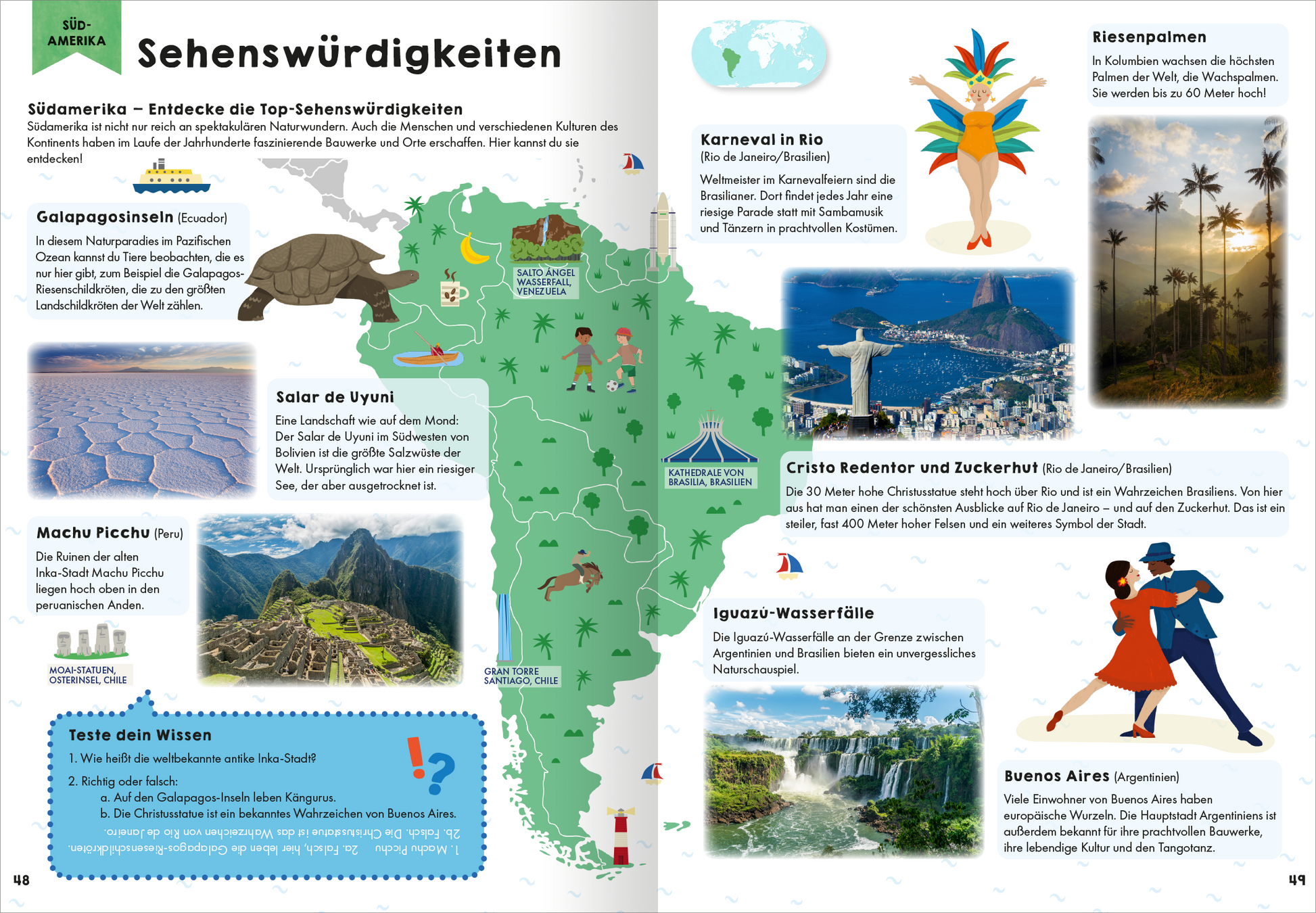 Gezeigt wird eine Innen- oder Zusatzansicht von „Mein erster Grundschul-Atlas“. Die Doppelseite präsentiert eine farbenfrohe Karte Südamerikas mit markierten Sehenswürdigkeiten. Zu sehen sind unter anderem der Machu Picchu, die Iguazú-Wasserfälle und der Cristo Redentor. Illustrationen von Tieren und Menschen umrahmen die Informationen. Die Farben sind lebendig und ansprechend, während die Typografie einfach und gut lesbar ist, was die Verwaltung von Inhalten erleichtert.