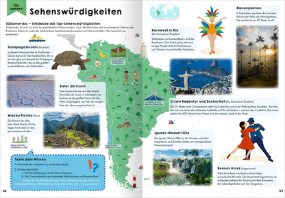 Gezeigt wird eine Innen- oder Zusatzansicht von „Mein erster Grundschul-Atlas“. Die Doppelseite präsentiert eine farbenfrohe Karte Südamerikas mit markierten Sehenswürdigkeiten. Zu sehen sind unter anderem der Machu Picchu, die Iguazú-Wasserfälle und der Cristo Redentor. Illustrationen von Tieren und Menschen umrahmen die Informationen. Die Farben sind lebendig und ansprechend, während die Typografie einfach und gut lesbar ist, was die Verwaltung von Inhalten erleichtert.