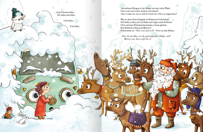 Gezeigt wird eine Innen- oder Zusatzansicht von „OTTO fährt los - Weihnachten in Finnland“. Die Illustration zeigt eine winterliche Szene mit einer schneebedeckten Landschaft. Ein Kind steht vor einem eingeschneiten Campingbus. Daneben stehen neun fröhliche Rentiere und ein Mann, der wie der Weihnachtsmann aussieht und ihnen helfen will. Die Verwendung von lebendigen Farben wie Rot, Weiß und Braun schafft eine festliche Stimmung. Die sanfte, kindgerechte Typografie ergänzt die...