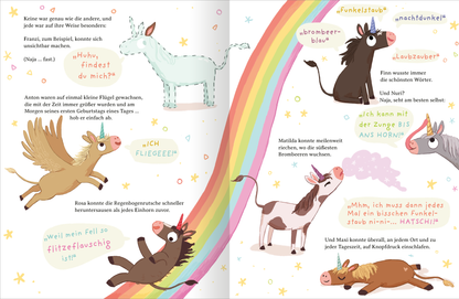 Gezeigt wird eine Innen- oder Zusatzansicht von „Ein Einhorn namens Oktober“. Die Bilder zeigen eine bunte Szenerie mit verschiedenen Einhörnern, die in lebhaften Farben wie Rosa, Hellblau und Braun dargestellt sind. Ein Regenbogen zieht sich durch die Seiten und wird von einem braunen Einhorn mit rotem Horn als Rutsche benutzt. Die typografischen Elemente sind in verspielten Schriftarten gestaltet, die die fröhliche, kindgerechte Atmosphäre unterstreichen. Neben den Illustrationen...