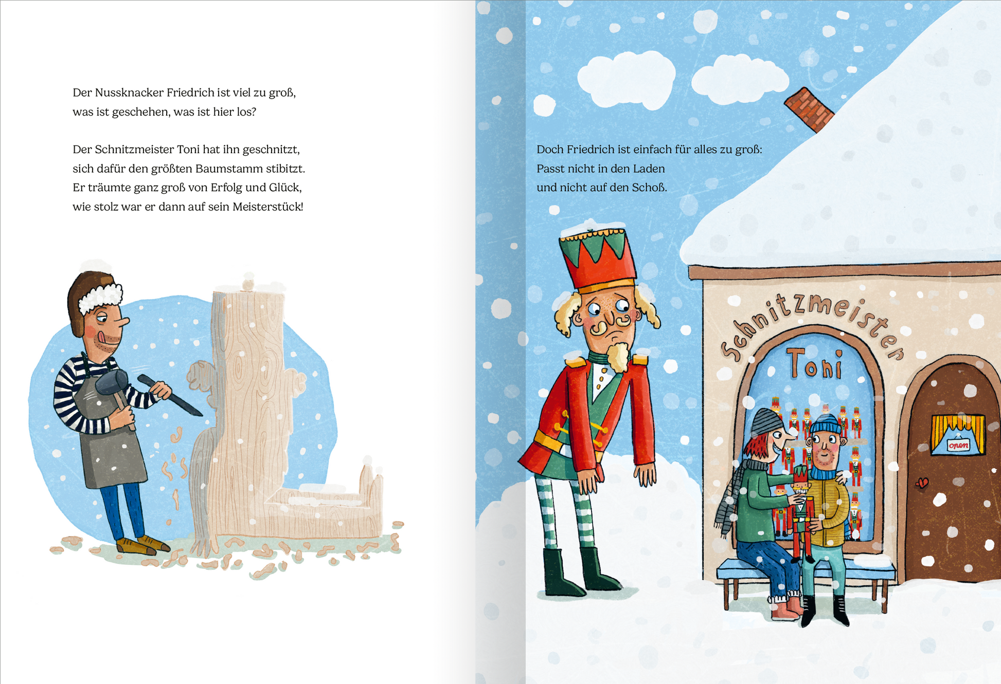Gezeigt wird eine Innen- oder Zusatzansicht von „Der Kokosnussknacker“. Die Seite zeigt zwei Charaktere: Auf der linken Seite steht ein Handwerker mit einem Holzstück, während er mit einem Werkzeug arbeitet. Er trägt eine gestreifte Jacke und blaue Hose, umgeben von zartem, bläulichem Hintergrund. Auf der rechten Seite sichtbar ist ein fröhlicher Nussknacker in rot-grüner Uniform vor einem Laden mit dem Schriftzug „Schnitzmeister“. Schneeflocken und ein hellblauer Himmel ergänzen...