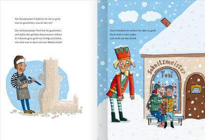 Gezeigt wird eine Innen- oder Zusatzansicht von „Der Kokosnussknacker“. Die Seite zeigt zwei Charaktere: Auf der linken Seite steht ein Handwerker mit einem Holzstück, während er mit einem Werkzeug arbeitet. Er trägt eine gestreifte Jacke und blaue Hose, umgeben von zartem, bläulichem Hintergrund. Auf der rechten Seite sichtbar ist ein fröhlicher Nussknacker in rot-grüner Uniform vor einem Laden mit dem Schriftzug „Schnitzmeister“. Schneeflocken und ein hellblauer Himmel ergänzen...
