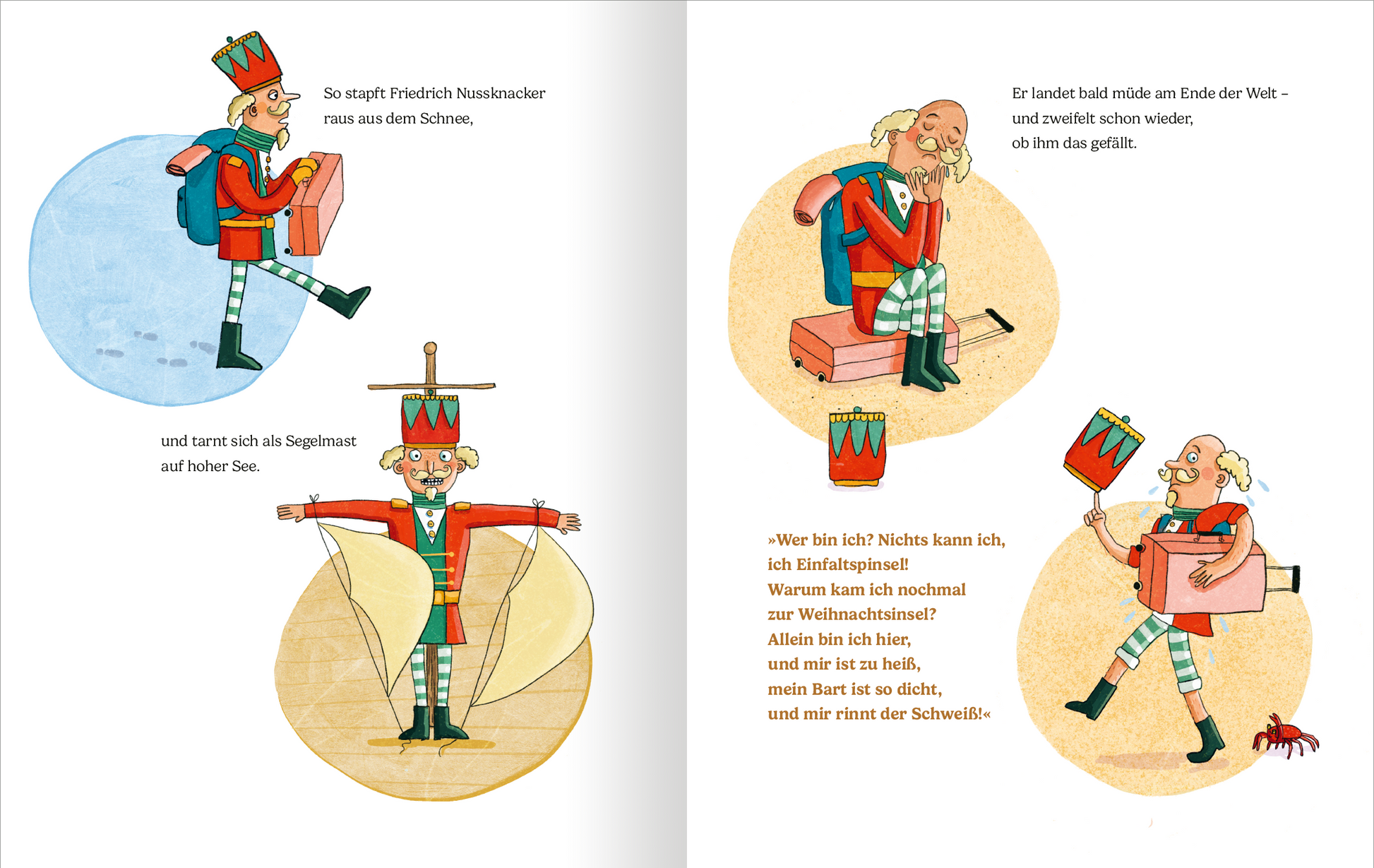Gezeigt wird eine Innen- oder Zusatzansicht von „Der Kokosnussknacker“. Die Illustration zeigt den Nussknacker Friedrich in lebhaften Farben wie Rot, Grün und Blau. Er trägt eine auffällige Uniform mit einer Krone und hat einen fröhlichen Gesichtsausdruck. Neben ihm sind diverse weihnachtliche Elemente wie Geschenke und ein Segel auf einer runden, gelben Fläche zu sehen. Die Typografie ist verspielt und kindgerecht, unterstützt die maritime Thematik und vermittelt eine festliche...
