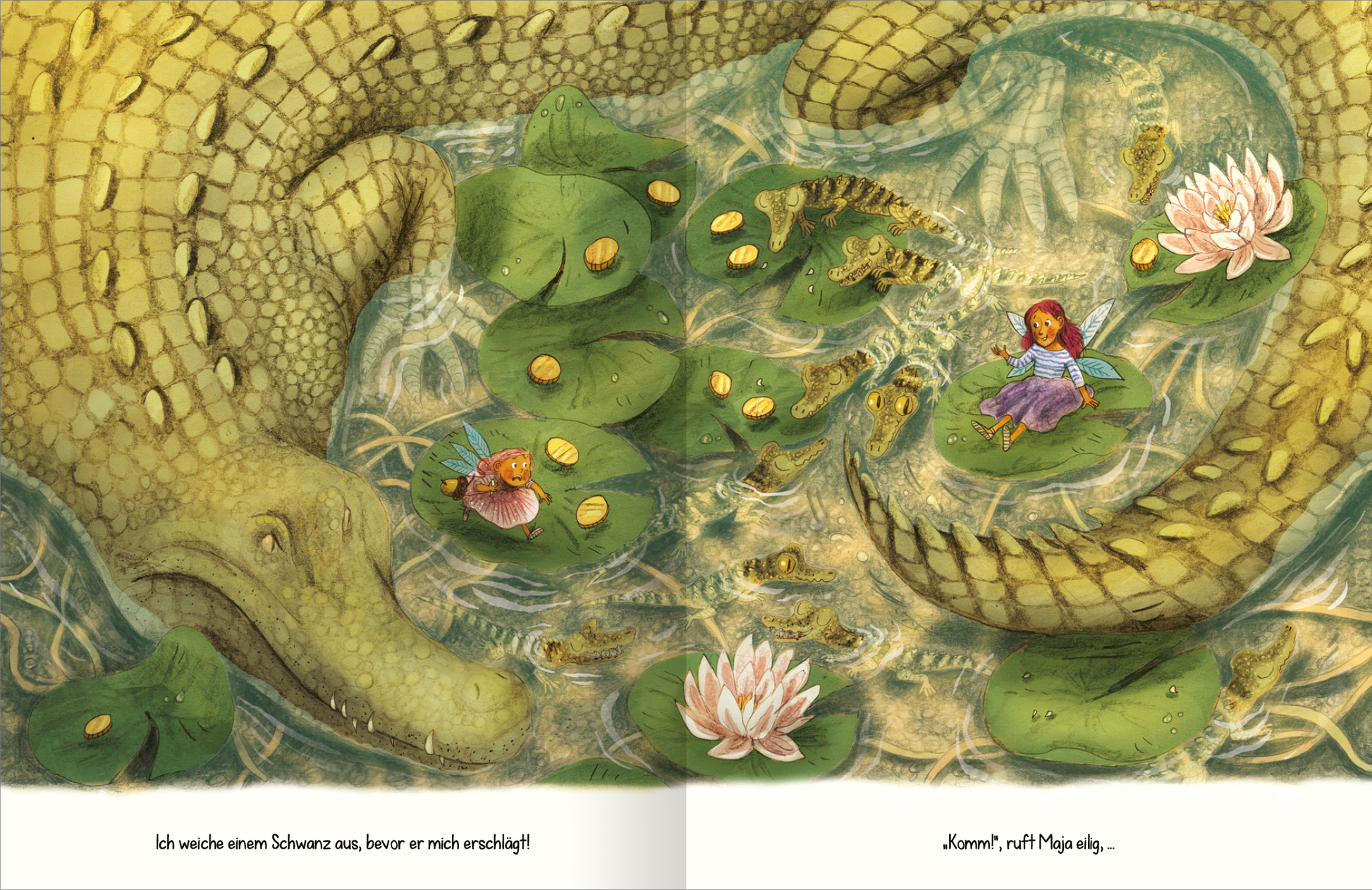 Gezeigt wird eine Innen- oder Zusatzansicht von „Die kleine Zahnfee“. Die Illustration zeigt eine verträumte Szene mit einer kleinen Zahnfee auf einem Seerosenblatt. Im Hintergrund liegt ein großer, freundlicher Krokodil, umgeben von leuchtend grünen Blättern und goldenen Münzen im Wasser. Die Farbpalette ist hauptsächlich pastellfarben, mit pinken und lilafarbenen Akzenten. Die Schrift ist kindgerecht, klar und gut lesbar, platziert am unteren Bildrand.