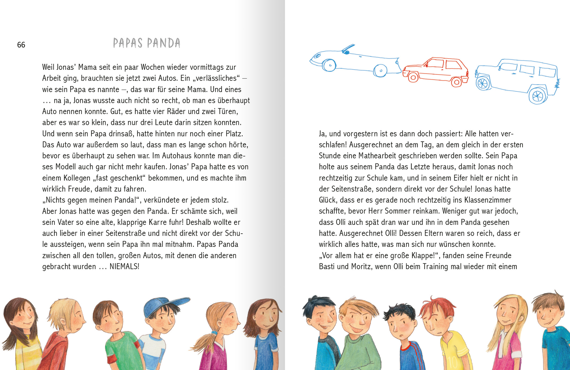 Gezeigt wird eine Innenansicht von „Mein Geschichtenschatz zur Erstkommunion“. Die Doppelseite präsentiert einen erzählerischen Text links, der in kleiner, gut lesbarer Schriftart formatiert ist. Die Überschrift „PAPAS PANDA“ ist in einer auffälligen Schriftart gestaltet. Auf der rechten Seite befinden sich skizzenhafte Illustrationen von Autos in sanften Farben, die die Handlung unterstützen. Am unteren Rand sind fröhliche Kinderfiguren zu sehen, die in bunten Kleidern...