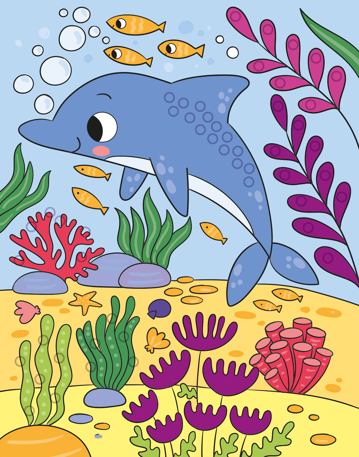 Gezeigt wird eine Innen- oder Zusatzansicht von „Mein Diamant-Stickerheft – Unter Wasser“. Die Illustration zeigt einen fröhlichen blauen Delfin, umgeben von bunten Fischen und verschiedenen Wasserpflanzen. Der Hintergrund ist hellblau. Die bunten Korallenriffe sind in lebhaften Farben wie Rot, Pink und Gelb gestaltet.