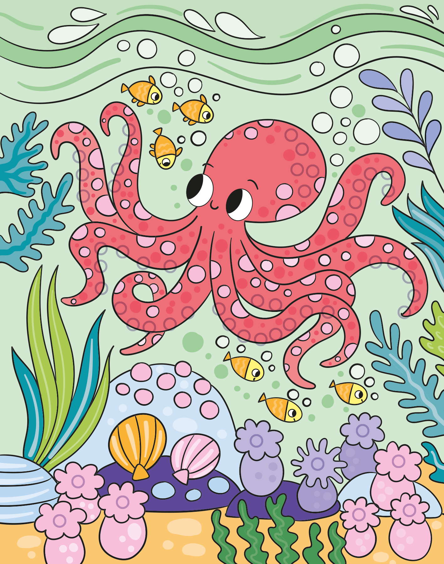 Gezeigt wird eine Innen- oder Zusatzansicht von „Mein Diamant-Stickerheft – Unter Wasser“. Die Szene zeigt einen pinken Oktopus, der fröhlich zwischen grünen Wasserpflanzen und bunten Fischen schwimmt. Die sanften, aquatischen Farben in Gelb, Blau und Lila betonen die Unterwasserwelt. Auf dem Boden sind verschiedene Muscheln und korallenartige Pflanzen, die dem Bild einen lebendigen Charakter verleihen.
