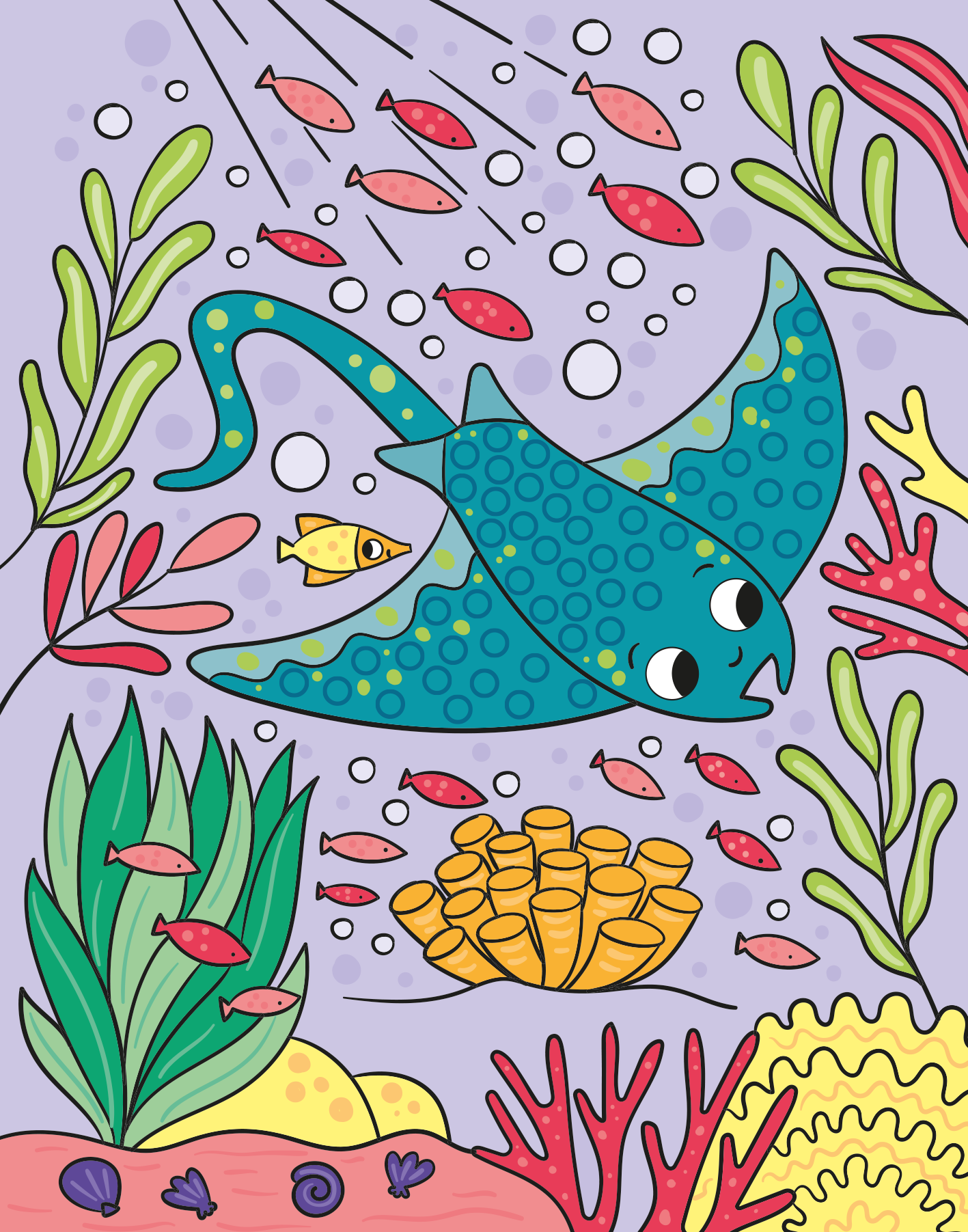 Gezeigt wird eine Innen- oder Zusatzansicht von „Mein Diamant-Stickerheft – Unter Wasser“. Die Illustration zeigt eine farbenfrohe Unterwasserwelt mit einem blauen Rochen, der über einen bunten Meeresboden schwimmt. Rote und grüne Korallen sowie verschiedene Fische ergänzen die Szene. Die Farben sind lebhaft und kontrastreich.