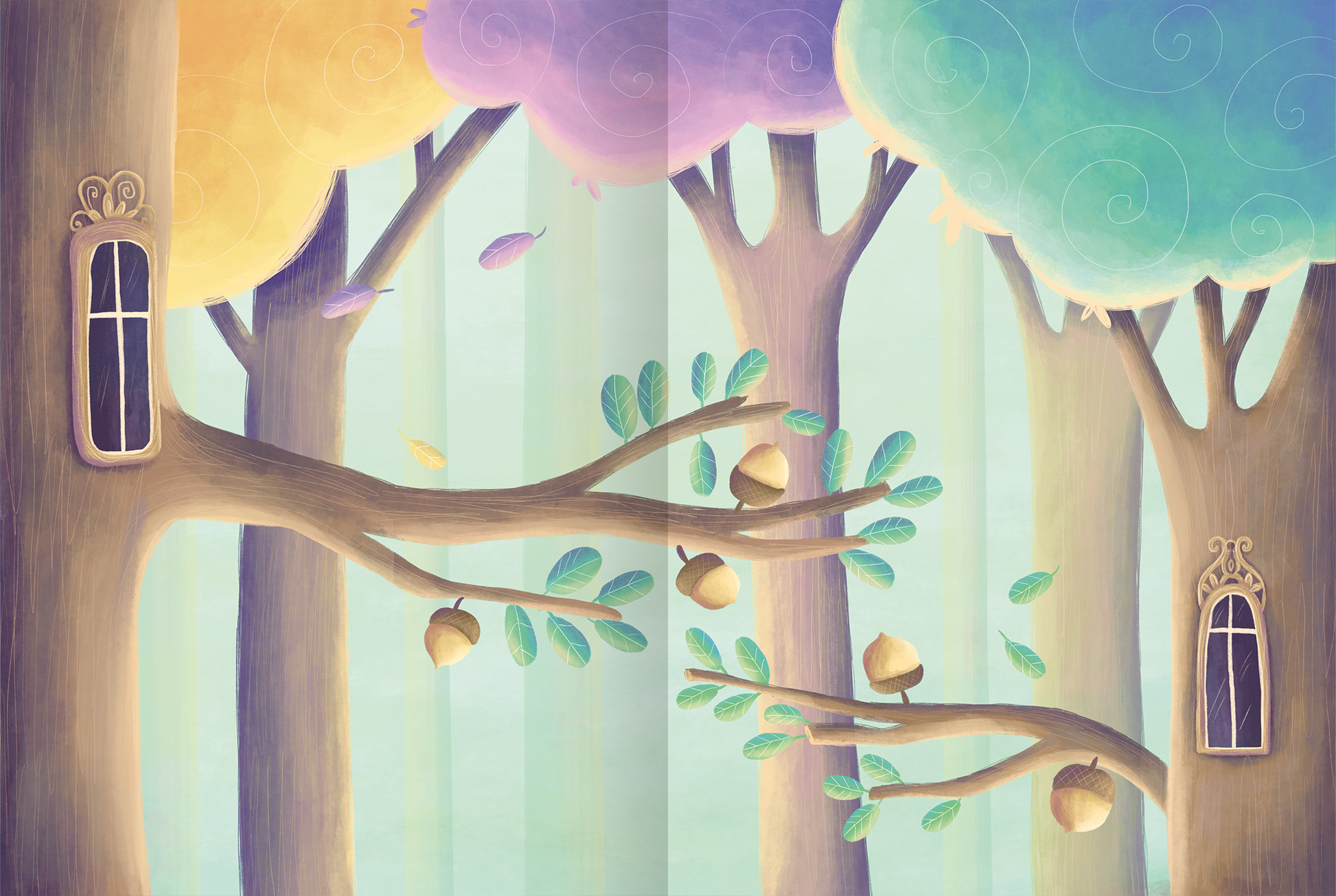 Gezeigt wird eine Innen- oder Zusatzansicht von „Mein flauschiges Stickerheft – Feen“. Die Illustration zeigt einen märchenhaften Wald mit großen Bäumen, deren Blätter in sanften Pastellfarben wie Lila, Gelb und Blau gehalten sind. Auf den Ästen befinden sich mehrere Eicheln und stilisierte grüne Blätter. In Baumstämmen sind kleine Fenster eingebaut, die mit geschwungenen Rahmen verziert sind. Die gesamte Gestaltung wirkt freundlich und einladend.