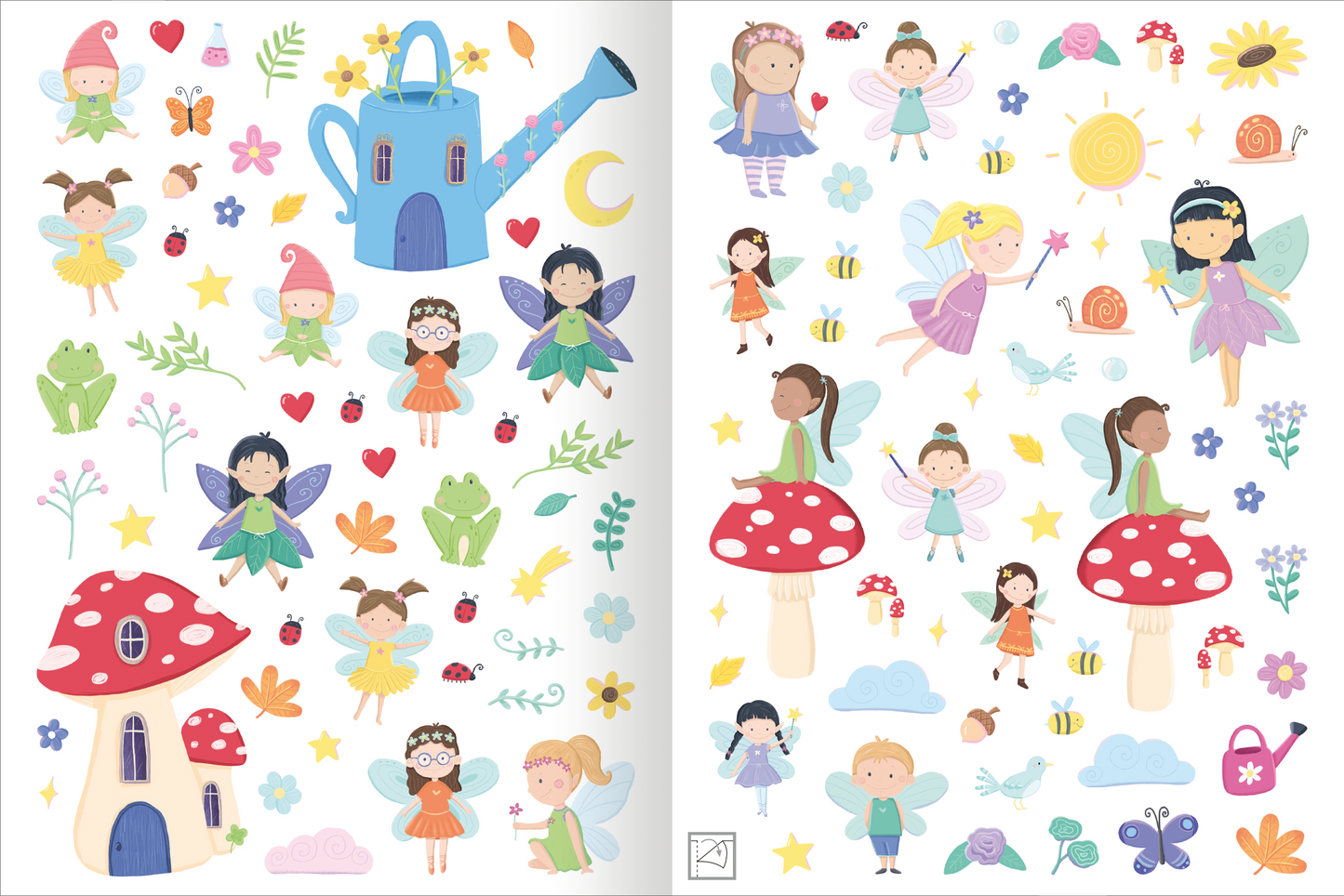 Gezeigt wird eine Innen- oder Zusatzansicht von „Mein flauschiges Stickerheft – Feen“. Die Seite ist bunt und fröhlich gestaltet, mit vielen kleinen, liebevoll illustrierten Feen in verschiedenen Farben, darunter Rosa, Gelb und Blau. Zudem sind Elemente wie einer blauen Gießkanne, Pilzhäuschen, Schmetterlinge und tierische Motive wie Kaninchen und Eichhörnchen abgebildet.