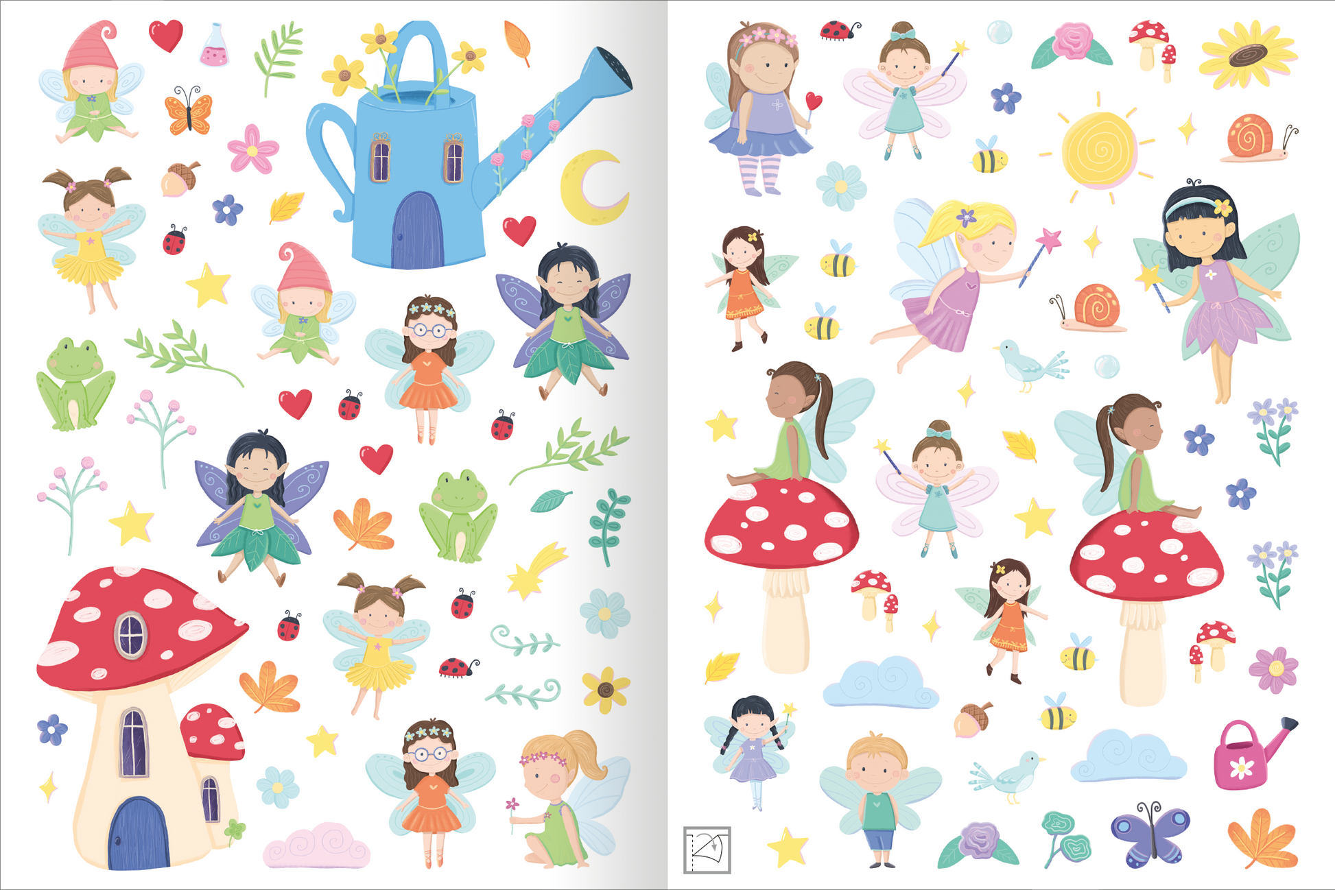 Gezeigt wird eine Innen- oder Zusatzansicht von „Mein flauschiges Stickerheft – Feen“. Die Seite ist bunt und fröhlich gestaltet, mit vielen kleinen, liebevoll illustrierten Feen in verschiedenen Farben, darunter Rosa, Gelb und Blau. Zudem sind Elemente wie einer blauen Gießkanne, Pilzhäuschen, Schmetterlinge und tierische Motive wie Kaninchen und Eichhörnchen abgebildet.