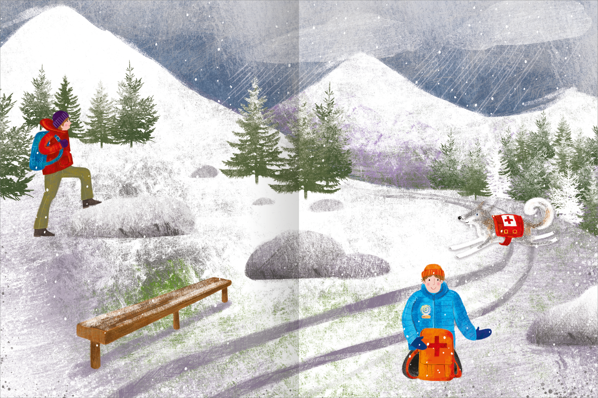Gezeigt wird eine Innen- oder Zusatzansicht von „Mein Hunde-Stickerheft“. Die Illustration zeigt eine winterliche Landschaft mit schneebedeckten Bergen im Hintergrund. Im Vordergrund ist ein Wanderer in bunter Kleidung zu sehen, der auf einem schneebedeckten Pfad vor einer Bank steht. Ein Rettungshund mit einem roten Rucksack läuft an einem orangefarbenen Charakter mit blauer Jacke vorbei. Die Farbpalette ist lebendig und kontrastreich, während die Typografie verspielt und gut lesbar ist.