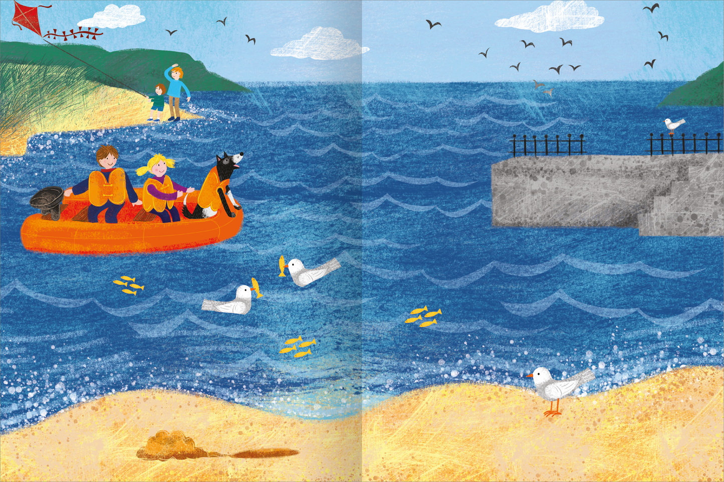 Gezeigt wird eine Innen- oder Zusatzansicht von „Mein Hunde-Stickerheft“. Die Illustration zeigt eine lebendige Küstenlandschaft mit klarem blauen Wasser und einem sonnigen Himmel. Ein orangefarbenes Boot mit zwei Kindern und einem Hund fährt auf dem Wasser. Im Vordergrund befinden sich mehrere Möwen und kleine Fische, während am Strand Sand und ein Hundehaufen zu sehen sind. Die Farben sind kräftig und fröhlich, und die Figuren sind cartoonhaft mit einfachen, klaren Linien gestaltet.