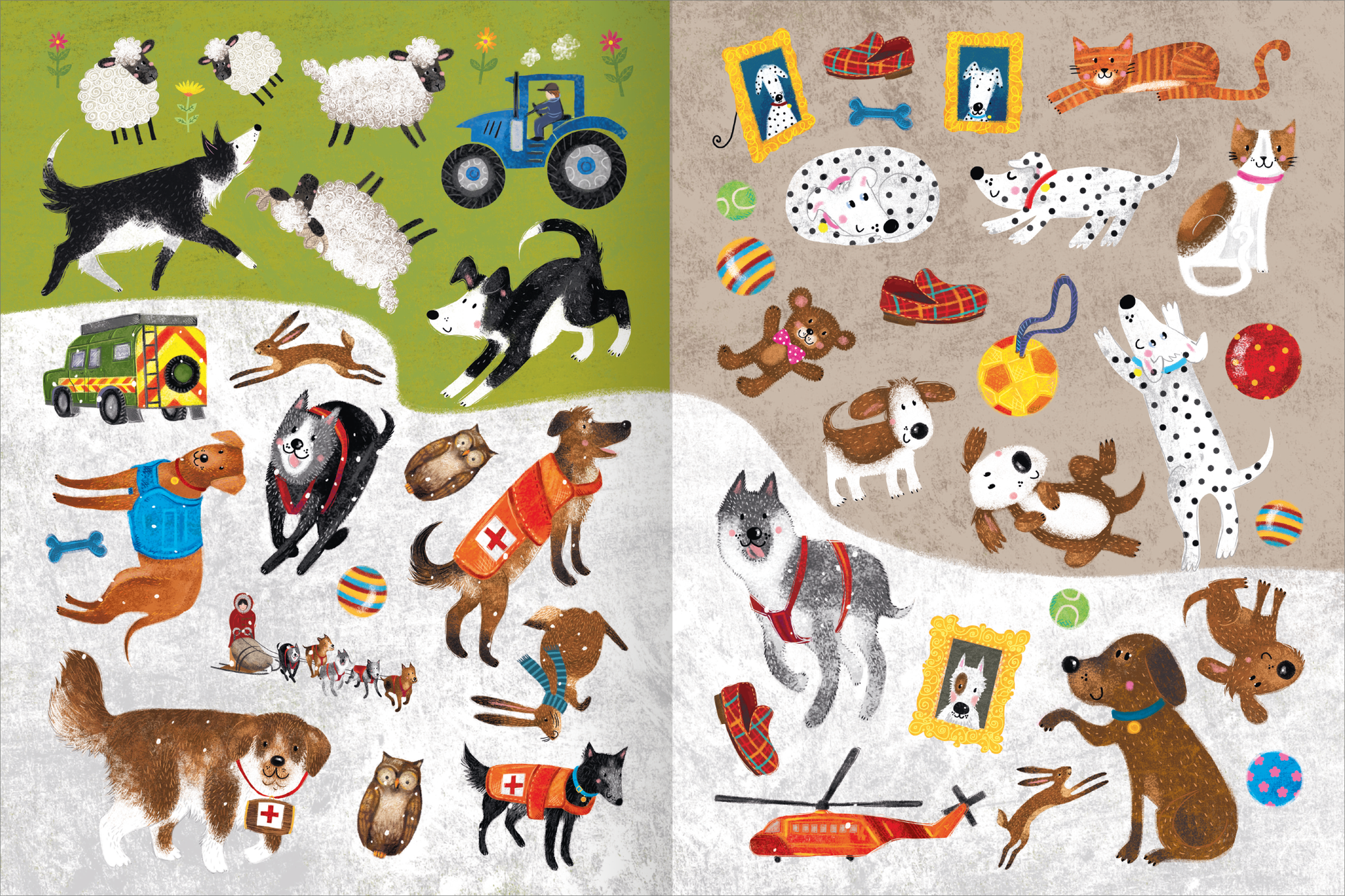 Gezeigt wird eine Innen- oder Zusatzansicht von „Mein Hunde-Stickerheft“. Die Illustration umfasst eine Vielzahl von niedlichen Hunden in unterschiedlichen Posen und Stilen, eingebettet in eine bunte Landschaft. Links sind die Hunde auf einer grünen Wiese mit einer Traktor-Illustration zu sehen, während rechts eine Sammlung von Stickern, darunter dalmatinischer Hund, Welpen und Spielzeuge, angeordnet ist. Die Farben sind lebhaft und pastellartig, mit klarer, verspielter Typografie, die...