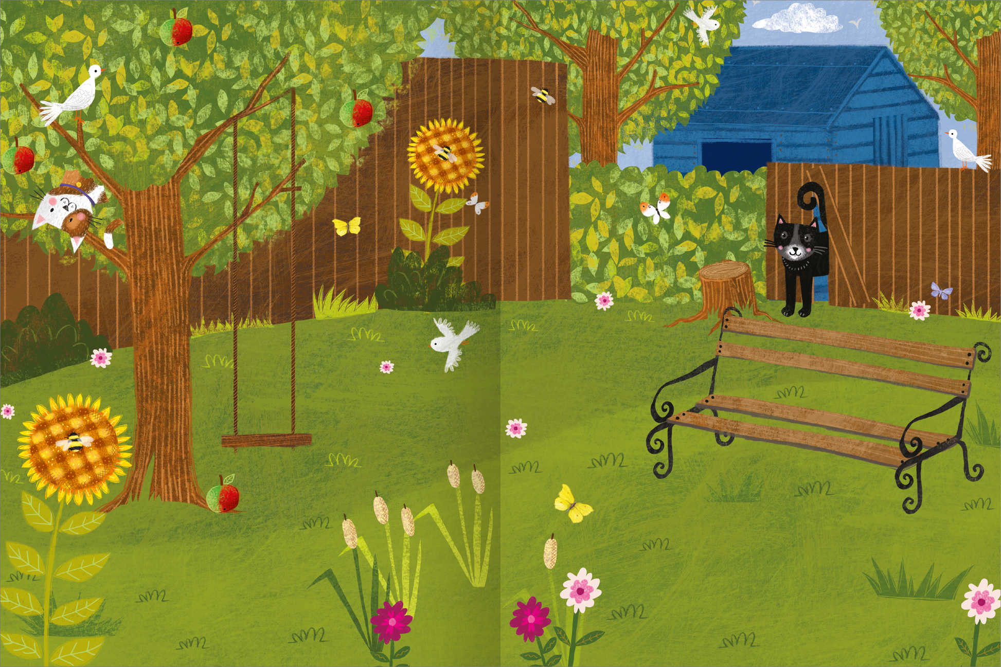 Gezeigt wird eine Innen- oder Zusatzansicht von „Mein Katzen-Stickerheft“. Die Illustration zeigt einen bunten Garten mit grüner Wiese, bunten Blumen und einem großen Baum. Ein schwarzer Kater steht aufrecht neben einer Holzbank, während Vögel und Schmetterlinge über die Szene fliegen. Die Sonne lächelt durch eine stilisierte Sonnenblume, und ein Spielplatz mit einer Schaukel fügt eine spielerische Note hinzu. Die Farben sind lebhaft und freundlich, während die Typografie verspielt...