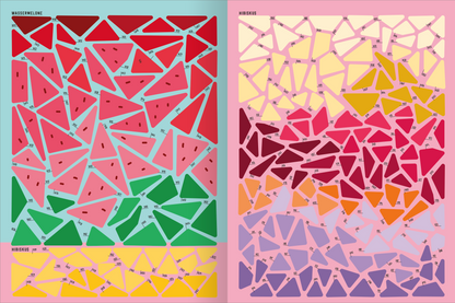 Gezeigt wird eine Innen- oder Zusatzansicht von „I Love Summer – Mosaik-Stickerheft Sommerzeit“. Die Seiten sind geprägt von hellen, lebendigen Farben, darunter Rot-, Gelb- und Grüntöne, die verschiedene geometrische Formen darstellen. Auf der linken Seite sind Wassermelonen in Übergrößen abgebildet, während die rechte Seite abstrakte Mosaike in sanften Pastellnuancen zeigt. Die Typografie ist modern und klar, mit großen, gut lesbaren Zahlen, die den Klebeflächen zugeordnet sind.