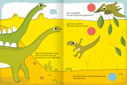 Gezeigt wird eine Innen- oder Zusatzansicht von „Lustige Dino-Rätsel“. Die Seite zeigt eine bunte, verspielte Illustration mit verschiedenen Dinosauriern auf einem gelben Hintergrund. Zwei langhalsige Dinosaurier sind in der Mitte platziert, während ein kleiner Dino und ein Flugsaurier aktiv dargestellt sind. In der unteren Hälfte befinden sich Textelemente in einer klaren, kinderfreundlichen Schrift, die Fragen und Aufgaben anregen. Die Farben sind lebhaft und ansprechend, was die...