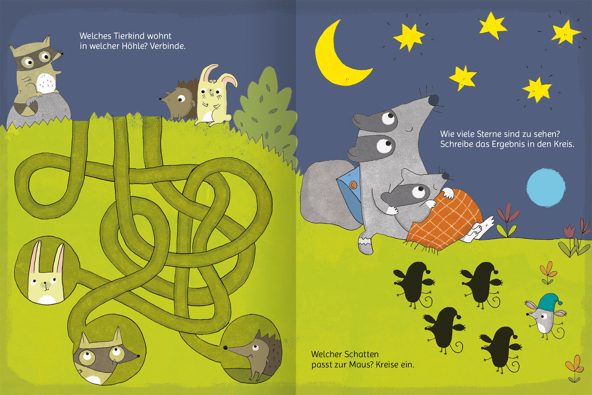 Gezeigt wird eine Innen- oder Zusatzansicht von „Lustige Tierkinder-Rätsel“. Die Seite zeigt eine fröhliche Illustration mit verschiedenen Tierkindern, darunter ein Reh, ein Hase und zwei Füchse, die in einer bunten Naturumgebung angesiedelt sind. Die Farben sind hell und einladend, mit grünen Wiesen, einem nachtblauen Himmel und gelben Sternen. Die Typografie ist kindgerecht und gut lesbar, mit Fragen, die in einfachen, klaren Schriftzügen formuliert sind.