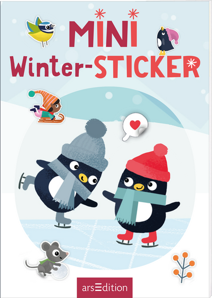 Auf dem Buchcover sind zwei niedliche Pinguine abgebildet, die eislaufen. Der Pinguin links trägt einen blauen Schal und eine graue Mütze, während der Pinguin rechts einen roten Schal und eine rote Mütze hat. Im Hintergrund ist eine winterliche Landschaft in sanften Blautönen zu erkennen, die von weißen Eisflächen und kleinen bunten Figuren, wie einem Vogel und einer Maus, ergänzt wird. Der Titel „MINI Winter-STICKER“ prangt in großen, roten Buchstaben am oberen Rand. Ganz unten...