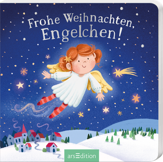 Das farbenfrohe Buchcover zeigt ein fröhlich strahlendes Engelchen mit lockigen, orangefarbenen Haaren, das in einem weißen Kleid und mit gestreiften roten Socken durch den Nachthimmel schwebt. Umgeben von funkelnden Sternen und einer winterlichen Landschaft in Blau und Weiß mit bunten Häusern, vermittelt die Gestaltung eine festliche, zauberhafte Atmosphäre. Der Titel „Frohe Weihnachten, Engelchen!“ ist in verspielter, weißer Schrift darüber angeordnet. Ganz unten mittig steht der...