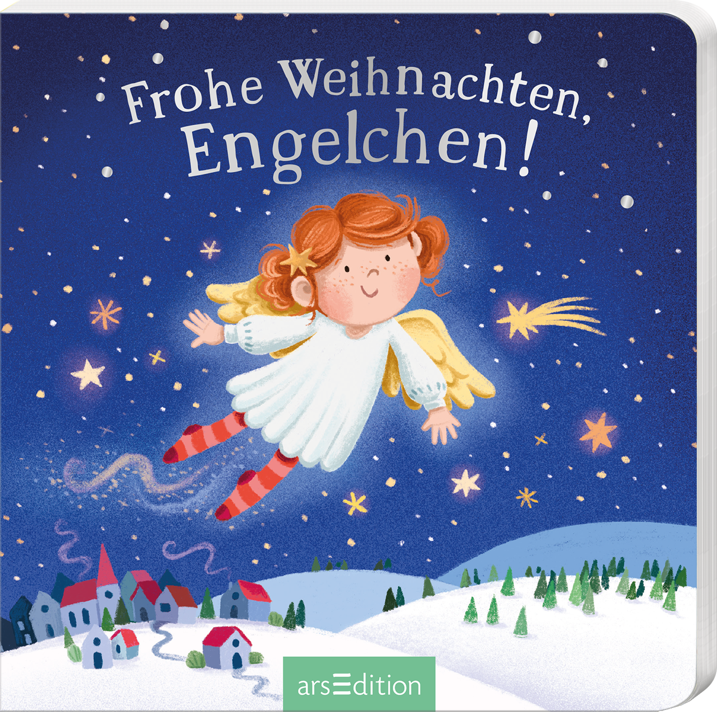 Das farbenfrohe Buchcover zeigt ein fröhlich strahlendes Engelchen mit lockigen, orangefarbenen Haaren, das in einem weißen Kleid und mit gestreiften roten Socken durch den Nachthimmel schwebt. Umgeben von funkelnden Sternen und einer winterlichen Landschaft in Blau und Weiß mit bunten Häusern, vermittelt die Gestaltung eine festliche, zauberhafte Atmosphäre. Der Titel „Frohe Weihnachten, Engelchen!“ ist in verspielter, weißer Schrift darüber angeordnet. Ganz unten mittig steht der...