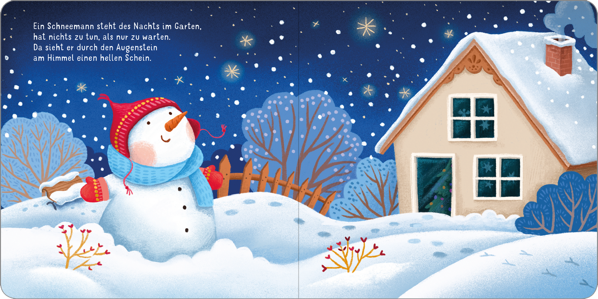 Gezeigt wird eine Innen- oder Zusatzansicht von „Frohe Weihnachten, Schneemann!“. Im Vordergrund steht ein fröhlicher Schneemann mit rote Mütze und Schal vor einem verschneiten Garten. Der Hintergrund zeigt einen klaren Nachthimmel mit leuchtenden Sternen und einem nebligen Schein. Rechts ist ein idyllisches, helles Haus mit blauen Fenstern und einem schneebedeckten Dach zu sehen. Die sanften Farben und die verspielte Typografie unterstützen die weihnachtliche Stimmung.