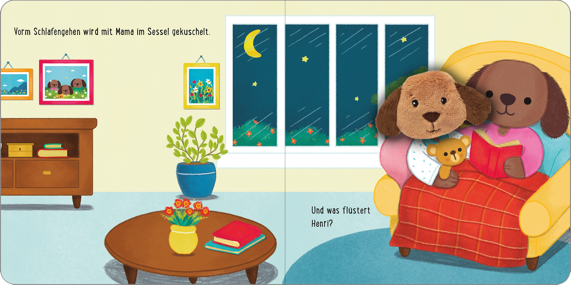 Gezeigt wird eine Innen- oder Zusatzansicht von „Meine sprechende Fingerpuppe: Was sagt der Hund?“. Die Illustration zeigt ein gemütliches Wohnzimmer mit einem Sessel, in dem eine Hundepuppe sitzt und ein Kind umarmt. Die Wände sind mit bunten Bildern dekoriert, während eine Pflanze auf einem Tisch steht. Durch das Fenster ist ein nächtlicher Himmel mit einem Mond und Sternen zu sehen. Die Farben sind freundlich und hell, mit klarer, verspielter Typografie in den Texten.