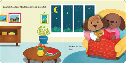 Gezeigt wird eine Innen- oder Zusatzansicht von „Meine sprechende Fingerpuppe: Was sagt der Hund?“. Die Illustration zeigt ein gemütliches Wohnzimmer mit einem Sessel, in dem eine Hundepuppe sitzt und ein Kind umarmt. Die Wände sind mit bunten Bildern dekoriert, während eine Pflanze auf einem Tisch steht. Durch das Fenster ist ein nächtlicher Himmel mit einem Mond und Sternen zu sehen. Die Farben sind freundlich und hell, mit klarer, verspielter Typografie in den Texten.