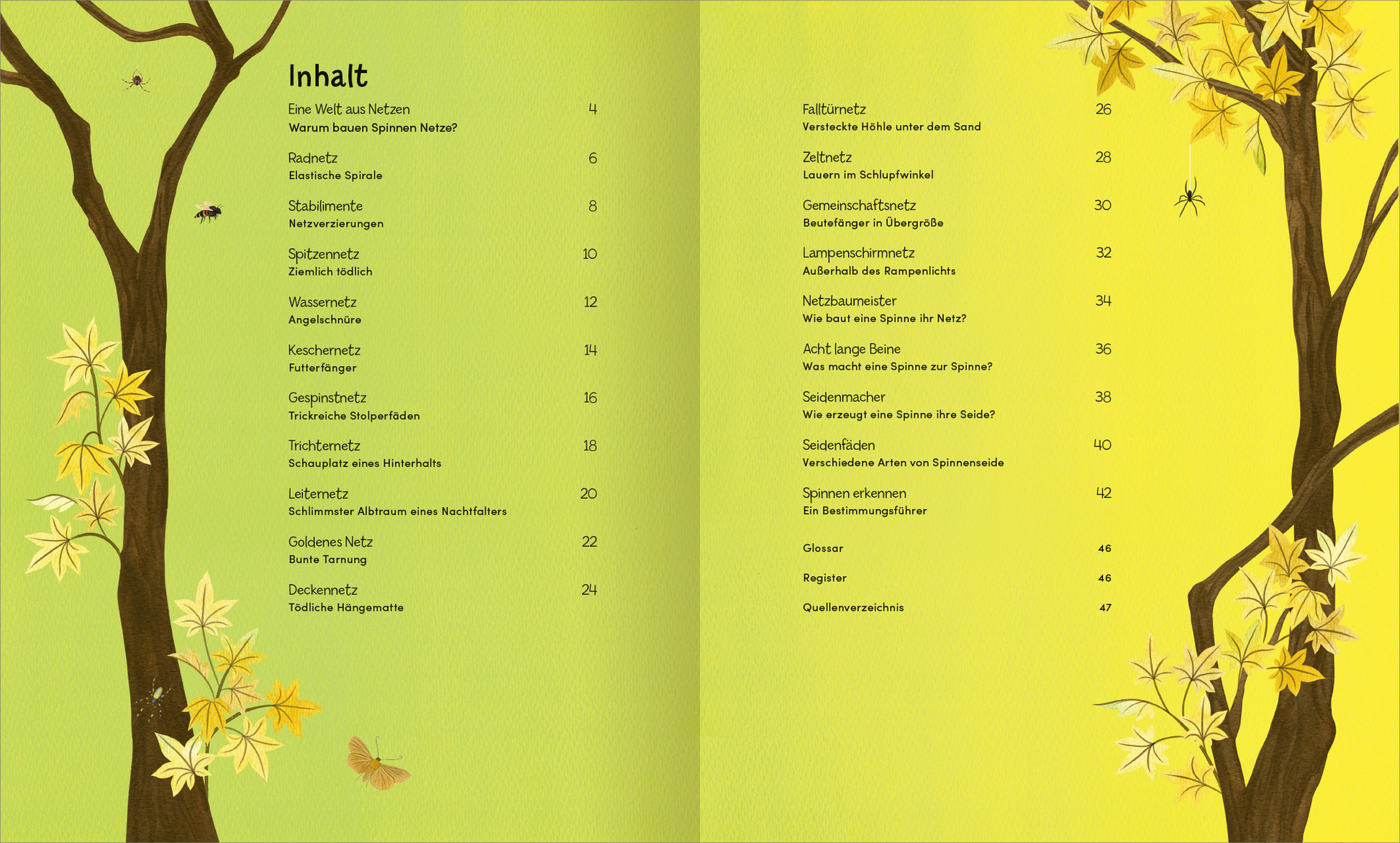 Gezeigt wird eine Innenansicht von „Wunderwelt der Spinnennetze“. Die Seiten sind in sanften Grüntönen gehalten, mit stilisierten Bäumen und gelben Blättern, die das natürliche Thema unterstreichen. Der Inhalt wird klar in einer übersichtlichen Typografie dargestellt, die leichte Lesbarkeit fördert. Stichpunkte in verschiedenen Schriftgrößen heben die Themen hervor, während Illustrationen wie ein Schmetterling und stilisierte Spinnen das Design ergänzen und visuelle Anreize...