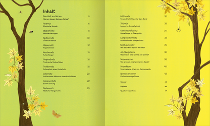 Gezeigt wird eine Innenansicht von „Wunderwelt der Spinnennetze“. Die Seiten sind in sanften Grüntönen gehalten, mit stilisierten Bäumen und gelben Blättern, die das natürliche Thema unterstreichen. Der Inhalt wird klar in einer übersichtlichen Typografie dargestellt, die leichte Lesbarkeit fördert. Stichpunkte in verschiedenen Schriftgrößen heben die Themen hervor, während Illustrationen wie ein Schmetterling und stilisierte Spinnen das Design ergänzen und visuelle Anreize...