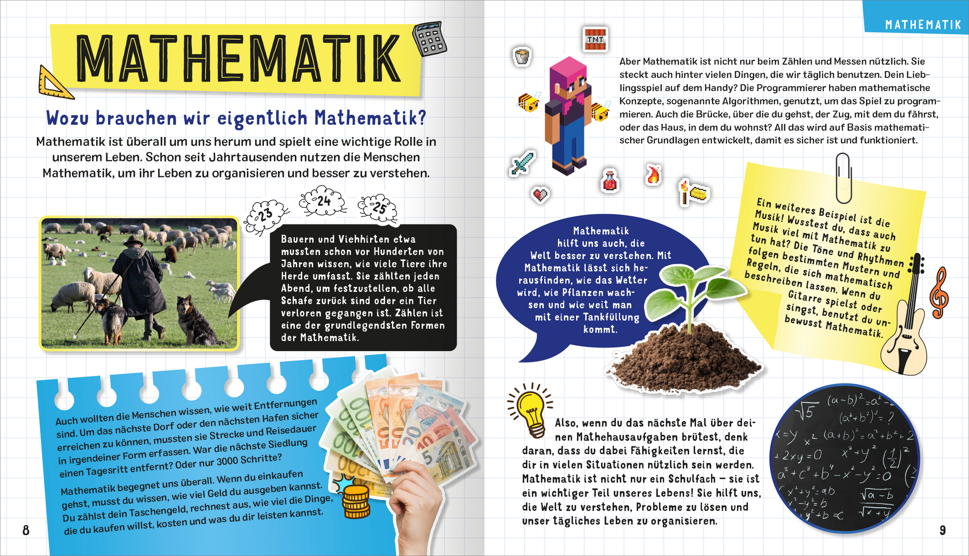 Gezeigt wird eine Innen- oder Zusatzansicht von „Science und Kids – Das geniale Forscherbuch“. Die Doppelseite thematisiert Mathematik und setzt auf eine farbenfrohe Gestaltung mit Illustrationen, darunter eine Wiese mit Schafen sowie verschiedene Alltagsgegenstände. Die Schriftarten sind freundlich und gut lesbar, mit Überschriften in einer größeren, fetten Typografie. Wichtige Informationen sind in Sprechblasen hervorgehoben, die verschiedene Aspekte der Mathematik erläutern. Der...
