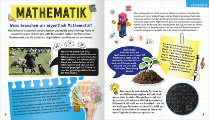 Gezeigt wird eine Innen- oder Zusatzansicht von „Science und Kids – Das geniale Forscherbuch“. Die Doppelseite thematisiert Mathematik und setzt auf eine farbenfrohe Gestaltung mit Illustrationen, darunter eine Wiese mit Schafen sowie verschiedene Alltagsgegenstände. Die Schriftarten sind freundlich und gut lesbar, mit Überschriften in einer größeren, fetten Typografie. Wichtige Informationen sind in Sprechblasen hervorgehoben, die verschiedene Aspekte der Mathematik erläutern. Der...