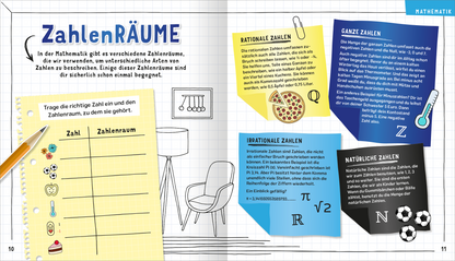 Gezeigt wird eine Innen- oder Zusatzansicht von „Science und Kids – Das geniale Forscherbuch“. Die Seite ist im Layout eines karierten Heftes gestaltet und zeigt den Titel „ZahlenRÄUME“ in großen, bunten Buchstaben. Verschiedene Zahlenarten sind in farbigen Kästen dargestellt, darunter rationale, ganze, irrationale und natürliche Zahlen, jeweils mit visuellen Beispielen. Eine handgeschriebene Tabelle lädt zur aktiven Mitarbeit ein. Die Verwendung von lebhaften Farben und...