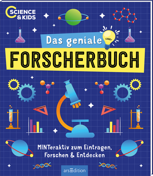 Das Cover des Buches zeigt einen bunten, spielerischen Stil. Auf einem blauen Hintergrund sind Elemente aus der Wissenschaft wie Moleküle, Laborgläser und ein Mikroskop abgebildet. Der Titel „Das geniale FORSCHERBUCH“ ist in großen, schwarzen Buchstaben auf einem gelben Banner platziert, während der Zusatz „MINTeraktiv zum Eintragen, Forschen & Entdecken“ in kleinerer Schrift darunter steht. Oben links ist der Hinweis „SCIENCE & KIDS“ zu sehen. Ganz unten mittig steht...
