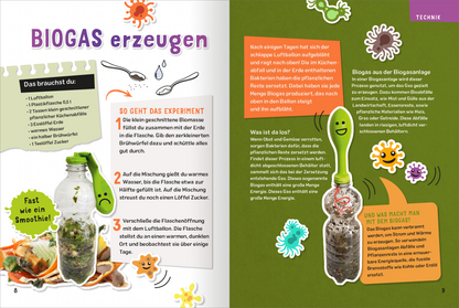 Gezeigt wird eine Innen- oder Zusatzansicht von „Science und Kids – Geniale Experimente“. Die Seite präsentiert auf der linken Seite die Anleitung zur Biogas-Erzeugung in leuchtenden Farben, darunter ein grüner Hintergrund. In einer Illustrationsanordnung sind mehrere Gegenstände und Zutaten abgebildet, darunter eine transparente Flasche. Auf der rechten Seite wird der Prozess beschrieben, unterstützt durch bunte, spielerische Icons und eine lockere Typografie, die das kindliche...