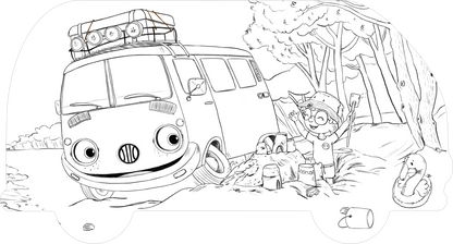 Gezeigt wird eine Innen- oder Zusatzansicht von „Mein OTTO-Malbuch“. Die Illustration zeigt einen fröhlichen Jungen mit einer großen Brille, der neben einem lachenden Campingvan steht und eine Sandburg baut. Im Hintergrund sind hohe Bäume am Strand zu sehen. Die skizzenhafte Zeichnung ist noch schwarz-weiß und befindet sich auf einer autoförmigen Seite.