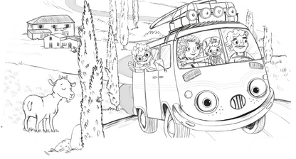 Gezeigt wird eine Innen- oder Zusatzansicht von „Mein OTTO-Malbuch“. Die Abbildung zeigt einen bunten VW-Bus, aus dem fröhliche Kinder und ihre Eltern mit lockigem Haar herausblicken. Sie fahren durch eine italienische Landschaft mit Zypressen und einem Bauernhaus im Hintergrund. Links ist eine neugierige Ziege zu sehen. Die Konturen sind klar und abgerundet, bereit zum Ausmalen.