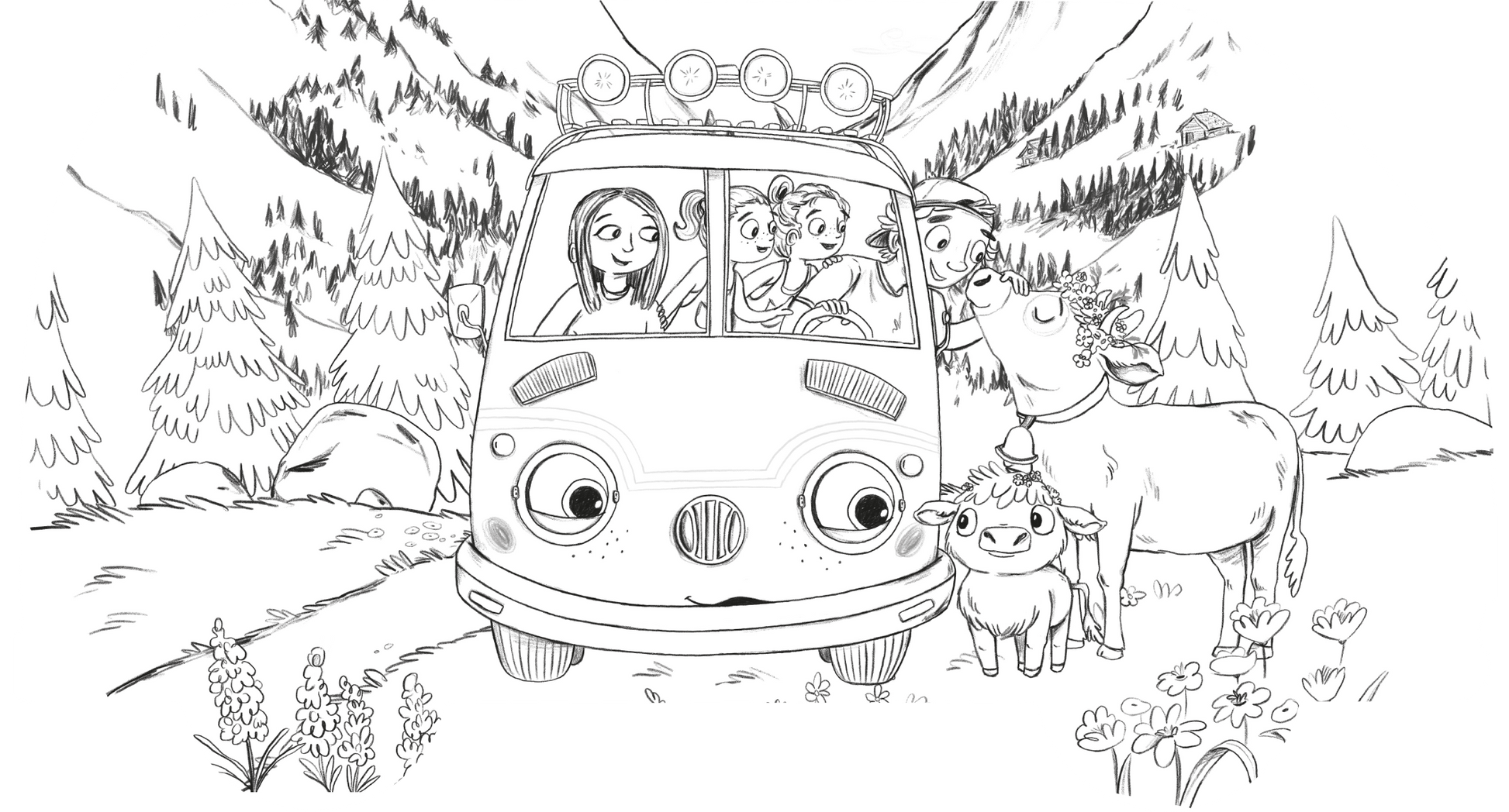 Gezeigt wird eine Innen- oder Zusatzansicht von „Mein OTTO-Malbuch“. Die Illustration zeigt einen bunten VW-Bus, in dem vier fröhliche Personen sitzen. Um den Bus herum sind animierte Tiere, darunter eine Kuh und ein Kalb, sowie eine malerische Landschaft mit Bäumen und Bergen zu sehen. Die Zeichnung ist in klaren Linien und ohne Farbe gehalten, was Raum für kreative Ausmalideen lässt.