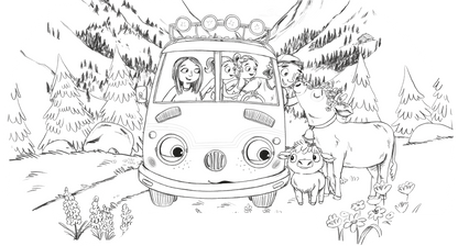 Gezeigt wird eine Innen- oder Zusatzansicht von „Mein OTTO-Malbuch“. Die Illustration zeigt einen bunten VW-Bus, in dem vier fröhliche Personen sitzen. Um den Bus herum sind animierte Tiere, darunter eine Kuh und ein Kalb, sowie eine malerische Landschaft mit Bäumen und Bergen zu sehen. Die Zeichnung ist in klaren Linien und ohne Farbe gehalten, was Raum für kreative Ausmalideen lässt.